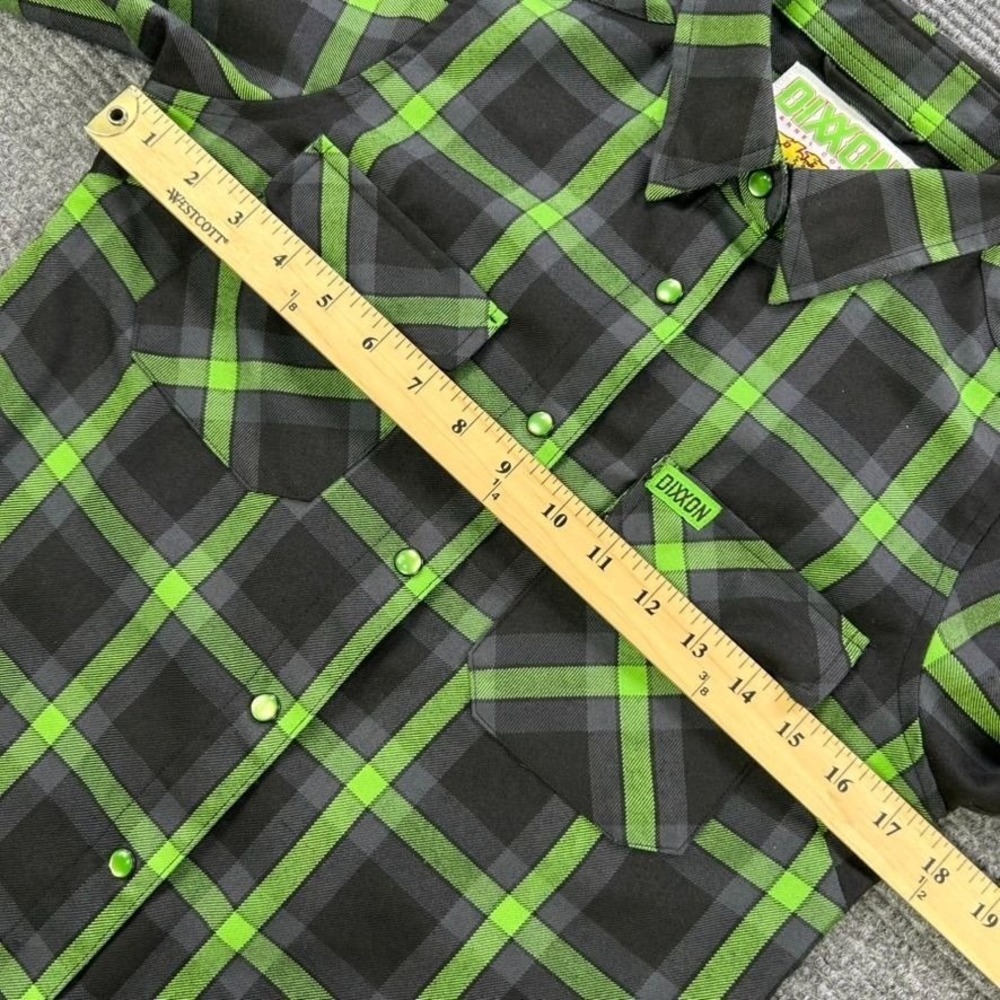 Dixxon Flannel Co Lime Green Black Plaid Button Down Shirt Womens Small Workwear - Picture 13 of 16